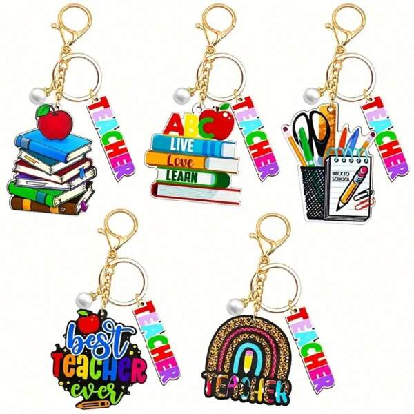Set Of 5 Teacher Appreciation Keychains - Cartoon Themed Alloy And Wood Keychains With Tassel, Roundel And Lobster Clasp - Homecoming Decorative Keychains That Can Be Used As Backpack Accessories Or Gifts