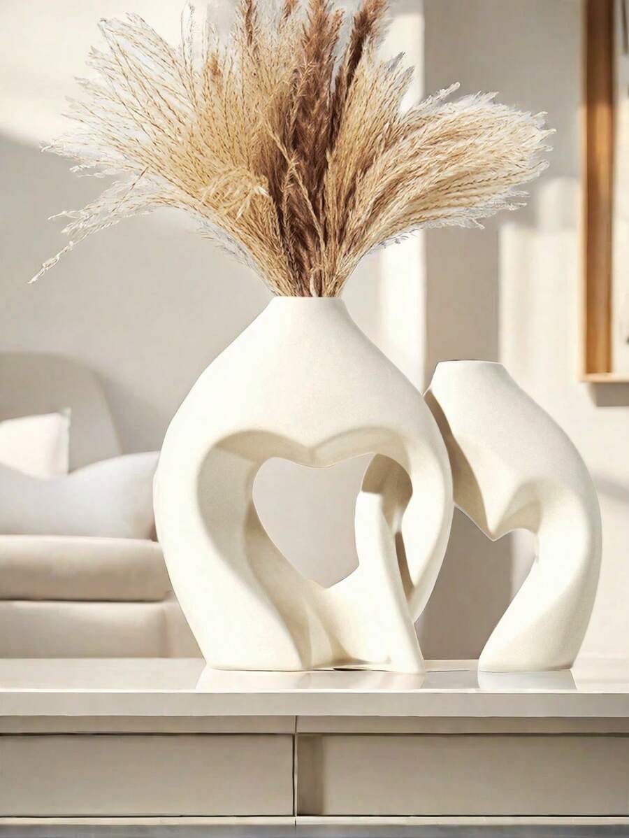 Jarrones blancos para decoración, set de 2 jarrones cerámicos en forma de corazón, jarrones nórdicos en forma de corazón, jarrones decorativos simples para centros de mesa, decoración de bodas, restaurantes, sala de estar y oficina