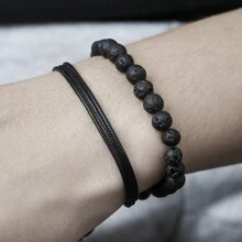Bộ 2 vòng tay dây da bện hạt đá nham thạch phong cách Punk, phụ kiện đa năng thích hợp cho nam giới đeo trong các sự kiện hoặc tụ tập với bạn bè - Vòng tay đính cườm + vòng tay bện - Xem 5