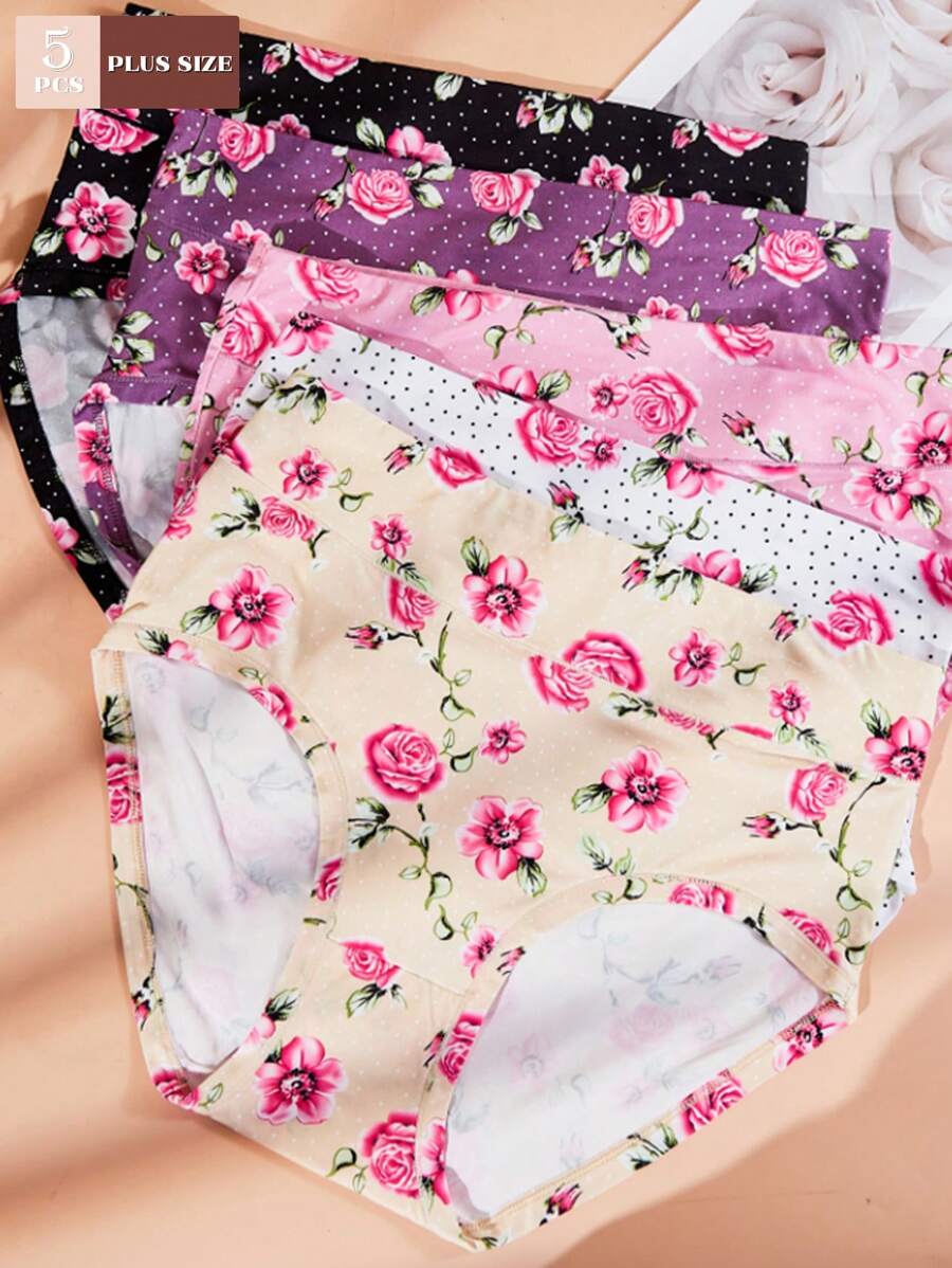 5pcs Plus Size Women Dot Printed Soft Triangle Panties, Suitable For All Seasons - Multicolor - View 1