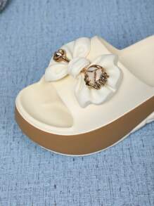 Women's High Platform Crystal Bow Slippers, Fashion Princess Style High Heel Sandals, Non-Slip Wedge Flat Slides, Beach Shoes For Summer - Beige - View 8