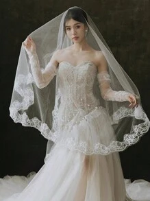 1pc Women's Long White Wedding Veil, 260cm, Bridal Party, No Comb, Vintage Lace Trim, Embellished, Suitable For Photography