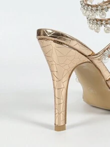 Giày cao gót mũi nhọn đính đá hình con rắn và ngọc trai trang trí cho nữ, phong cách tối giản, phù hợp cho mùa hè và mùa thu - vàng nhạt - Xem 7