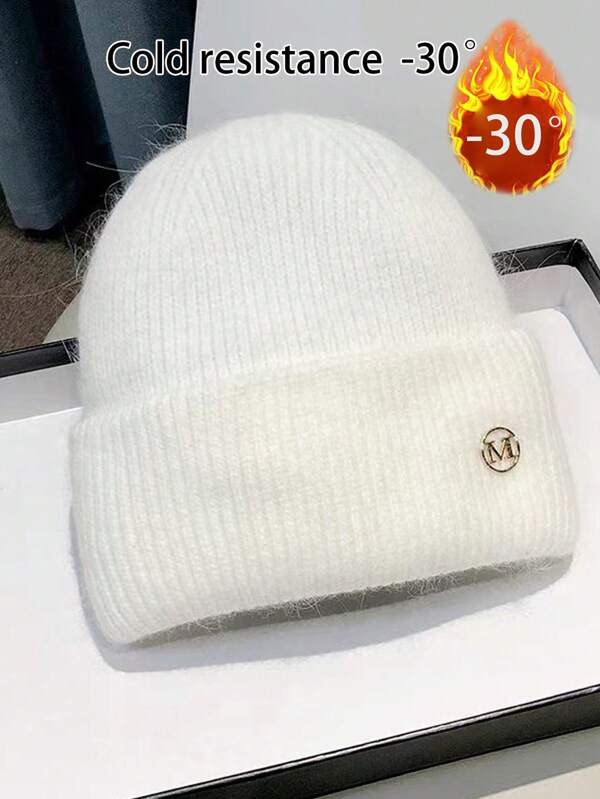 Berretto lavorato a maglia per donne nuova stagione autunno-inverno termico foderato spesso adatto a tutti i look berretto in maglia con circonferenza della testa ampia Beanie caldo protezione orecchie cappello freddo lettera Boemo casual elegante retrò per strada e feste Beanie con toppe in poliestere autunno-inverno