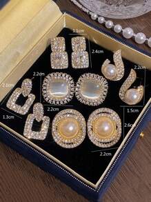 5 Stücke Set Ohrstecker mit Strass-Katzenauge, Cut Out geometrisches Design mit Perle, Luxusdesign, geeignet für den täglichen Gebrauch und Feierlichkeiten