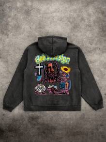 Men's Distressed Vintage Fashionable Graffiti Portrait & Letter Print Hoodie - Black - View 1