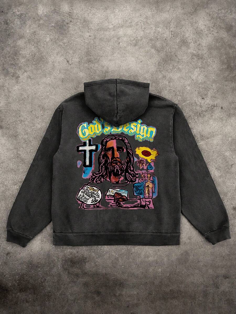 Men's Distressed Vintage Fashionable Graffiti Portrait & Letter Print Hoodie - Black - View 1