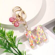 Cute 1 Neutral A-Z Colored Heart-Shaped Glitter KC Gold Keychain, DIY Resin Capital Letter Wallet Keychain, Handbag Decoration, Christmas Gift Valentines - 玫紅色蝴蝶 - 查看 29