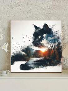 5D DIY Diamond Painting Kit, 40x40cm Mysterious Cat Landscape Round Diamond Embroidery Set, Full Crystal Art Craft, Suitable For Home Decor And Seasonal Gifts