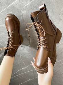 Damen Schnürstiefeletten mit rundem Zehenbereich, Blockabsatz, Lederaußenseite, wasserdicht, leicht zu reinigende Gummisohle, rutschfest, strapazierfähig, Schneestiefel, britischer Stil, modische Allround-Knöchelstiefel, Seitlicher Reißverschluss