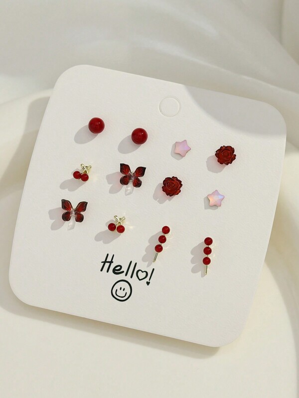 6 Pairs Of Women's Ear Studs With Leopard Print C-Ring Vintage Bowknot Elegant Small Red Wine Color Earrings High-End Simple Ear Stud Set