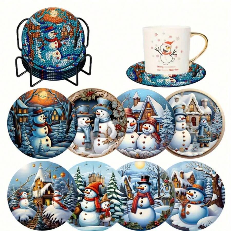 8 件/套 DIY 钻石画杯垫套件 - 圆形宝石艺术套装、雪人设计、初学者手工 - 彩色 - 查看 1