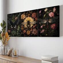 3 件现代深色花卉植物帆布墙画，非常适合客厅装饰木框，墙面艺术装饰客厅，厨房，家居装饰，房间装饰，植物西式家居装饰，房间旅行海报，墙面装饰，房间装饰美学，房间装饰用品