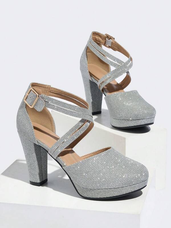 Fall/Winter 2025 Women's Peep Toe High Heels, Round Toe Sexy Waterproof Platform Thick Heel Shiny Silver Shoes, Luxury Quality Dressy Style, Suitable For Parties, Christmas Events, Fashion Versatile, Women Pumps, Elegant