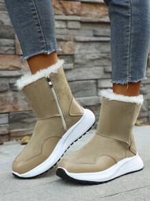 Giày bốt đi tuyết mùa đông mới dành cho nữ, chất liệu lông mềm mại và da, chống thấm nước, đế dày chống trượt, giữ ấm cổ thấp. - Màu Khaki - Xem 3