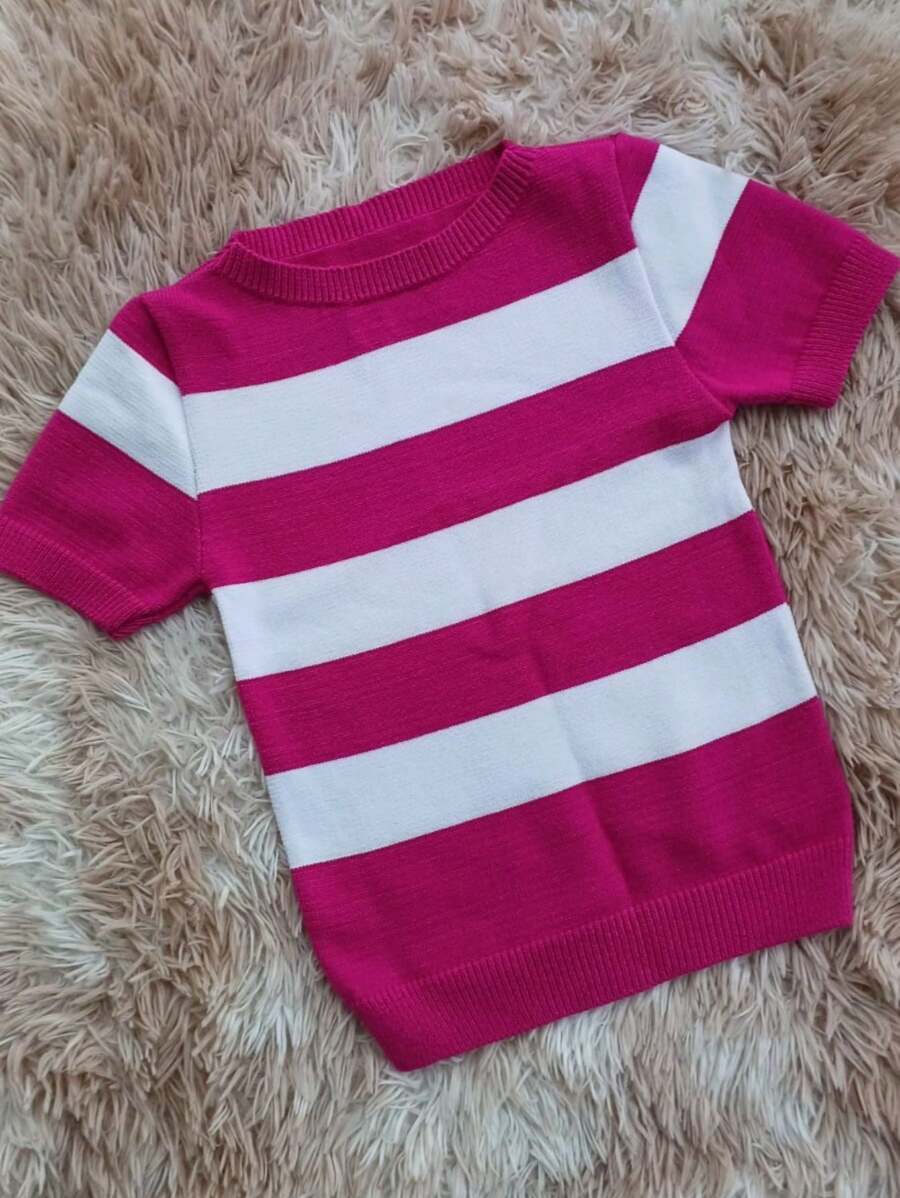 Women's Short Sleeve Knitted Blouse - 粉色 - 查看 1