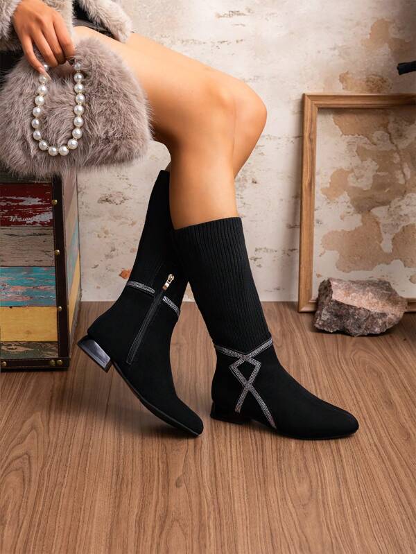 Herbst/Winter 2024 Neue Stiefel mit niedrigem Absatz, aus Wolle mit Stretch-Material, mittlere Länge, Mode für Große Größen und vielseitig einsetzbar