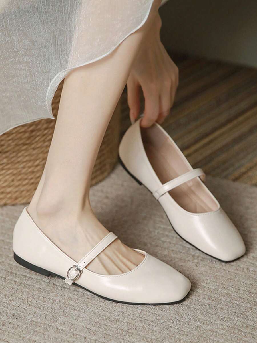 Women's Fashion Square Toe Low-Cut Black Shoes, Versatile Office & Casual Wear, Outdoor Activities, High-Quality, Comfortable Flat Shoes, Suitable For Spring/Summer, Mary Jane, Ballet Flats, Party, Wedding, Red Color - 白色 - 查看 1
