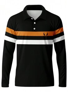 Men's Graphic Print Contrast Color Button Front Long Sleeve Polo Shirt