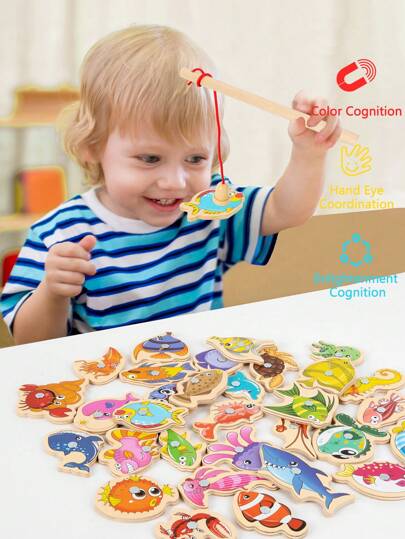 15pcs/31pcs/51pcs Wood Magnetic Fishing Toy Set, Educational Fishing Game Toy For Toddlers Boys Girls, Brain Development And Parent-Child Interaction Gift
