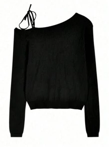 女式不对称露肩系带蝴蝶结设计针织毛衣，百搭休闲上衣 - 黑色 - 查看 4