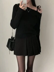 女式不对称露肩系带蝴蝶结设计针织毛衣，百搭休闲上衣 - 黑色 - 查看 7