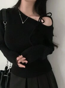 女式不对称露肩系带蝴蝶结设计针织毛衣，百搭休闲上衣 - 黑色 - 查看 5