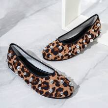 Women's Autumn/Winter Round Toe Flat Faux Suede Leopard Print Patchwork Rivet Buckle Decor Soft Bottom Ballet Mary Jane Comfortable Shoes - Multicolor - View 4