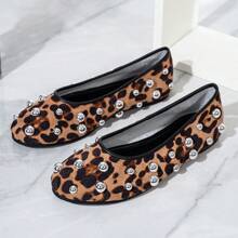 Women's Autumn/Winter Round Toe Flat Faux Suede Leopard Print Patchwork Rivet Buckle Decor Soft Bottom Ballet Mary Jane Comfortable Shoes - Multicolor - View 5