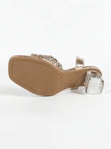 Women's New Fashion Elegant Champagne Shiny Sequin & Rhinestone Transparent Square Toe Ankle Strap Chunky Heel Sandals, Glamorous & Charming High Heels For Summer Parties, Weddings, Dates And Commuting - Champagne - View 10