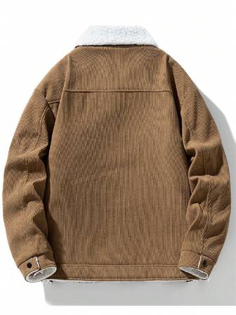 Thermal Lined Corduroy Jacket, Thick & Fashionable, Versatile And Simple Style, Warm Coat For Young Adults,Fleece,Winter