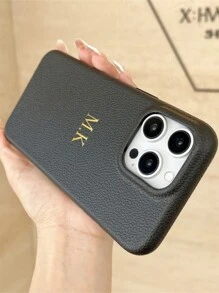 1个定制仿皮纹理硬壳手机壳，可定制字母名字，高品质韩版简约纯色防震情侣手机壳，可爱手机壳 - 黑色 - 查看 5