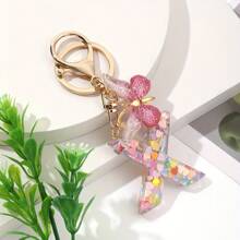 Cute 1 Neutral A-Z Colored Heart-Shaped Glitter KC Gold Keychain, DIY Resin Capital Letter Wallet Keychain, Handbag Decoration, Christmas Gift Valentines - 玫紅色蝴蝶 - 查看 28