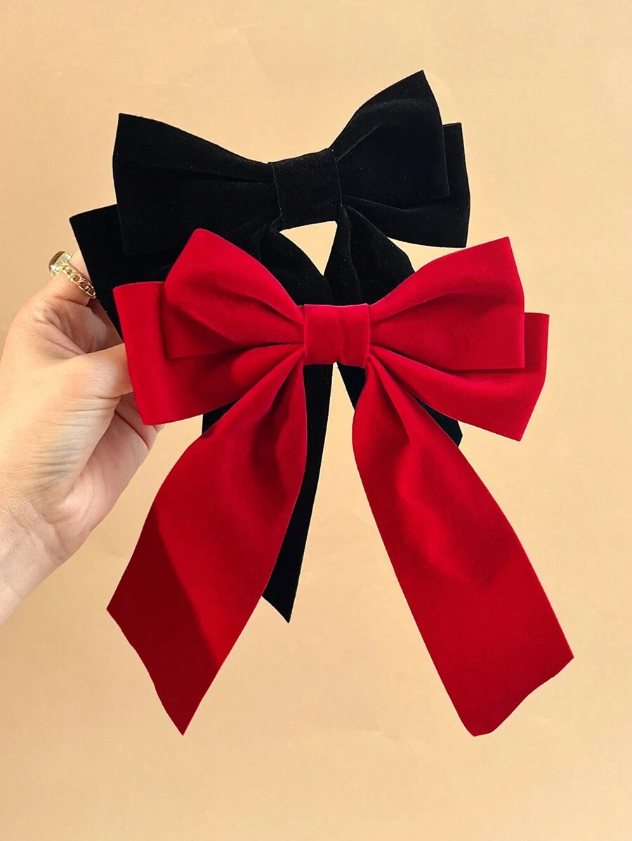 2 件装天鹅绒面料超大蝴蝶结发夹，经典红黑色，女孩发饰，适合节日派对、日常佩戴，适合所有发质