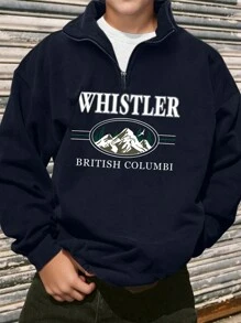 1 件青少年男童宽松字母印花半拉链领春秋季抓绒套头衫 - 藏蓝色 - 查看 5