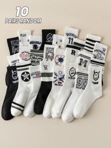 10 pares/paquete de calcetines deportivos de media caña unisex de estilo aleatorio con patrones de letras y animales, simples y versátiles, para primavera y otoño - Multicolor - Ver 6