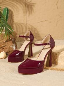 女士尖头高跟厚底浅口鞋，可调节踝带酒红色正装鞋，采用 PU 皮革制成，适合派对 - 酒紅色 - 查看 6