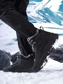 男士高帮雪地靴，户外保暖系带防水防滑作战靴 - 黑色 - 查看 6