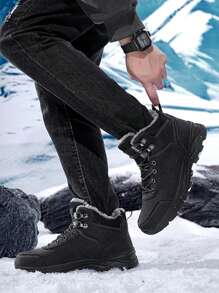 男士高帮雪地靴，户外保暖系带防水防滑作战靴 - 黑色 - 查看 8