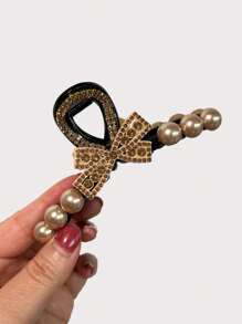 1个香槟金全水晶水钻爪形发夹，饰以仿珍珠，防滑发饰，适合女性和女孩，金色头饰，情人节发夹，发卡，发夹，发饰，发饰夹，发饰，发夹，发饰，优雅，适合学校、大学，珍珠发饰，秋冬季爪形发夹，蝴蝶结发饰，适合度假装扮，女士情人节礼物