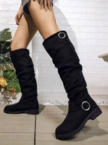 Women's New Arrival Knee High Boots, Fashion Solid Colors Black Grey Brown Orange Blue Beige Round Toe, Comfortable Thermal Lined Non-Slip Flat Buckle Decor Pleated Casual Tall Boots For Autumn/Winter,Party - Black - View 6