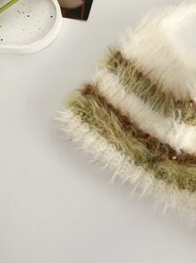 Gorro de punto suave y fresco con bloqueo de color con lazos a rayas en forma de orejas de gato, gorro de punto esponjoso con orejas de gato, gorro de punto cálido con orejas de gato para mujer, gorro de algodón suave y esponjoso con orejas de gato para el invierno - Multicolor - Ver 8