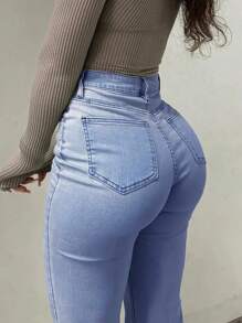 ZYANYA Vaqueros de cintura alta, elegantes, casuales, de campana, lavados, para mujer, con botones al frente y bolsillos, largos, elásticos. - Azul - Ver 6