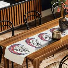1pc Moon Pattern Ramadan White Linen Table Runner, Red/Blue, 33x91cm/33x183cm/33x275cm, Seasonal Kitchen Dining Table Decor, Home Fabric Decoration, Party Event Table Cloth