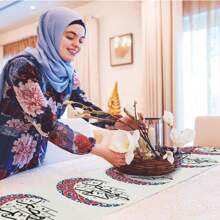 1pc Moon Pattern Ramadan White Linen Table Runner, Red/Blue, 33x91cm/33x183cm/33x275cm, Seasonal Kitchen Dining Table Decor, Home Fabric Decoration, Party Event Table Cloth