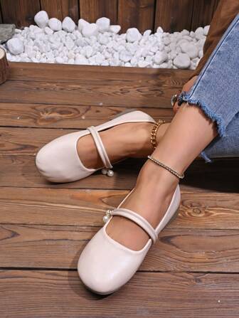 Women's Pearl Strap Square Toe High Heel Dress Shoes