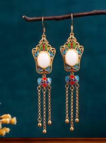 1 Pair New Chinese Style National Elements Earrings, 24k Gold-Plated Enamel Painting, Fashionable & Versatile Retro Vintage Earrings, Suitable For Daily Wear, Dates, Gatherings, Commuting, Parties, Dances. Elegant And Unique, Great Mother's Day, Teachers Day Gift, High-End Bohemian Fashion Jewelry