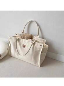 女士大容量帆布手提包，纯色休闲单肩包，刺绣小熊图案，时尚百搭妈妈手提包，轻便手提包 - 米色 - 查看 5