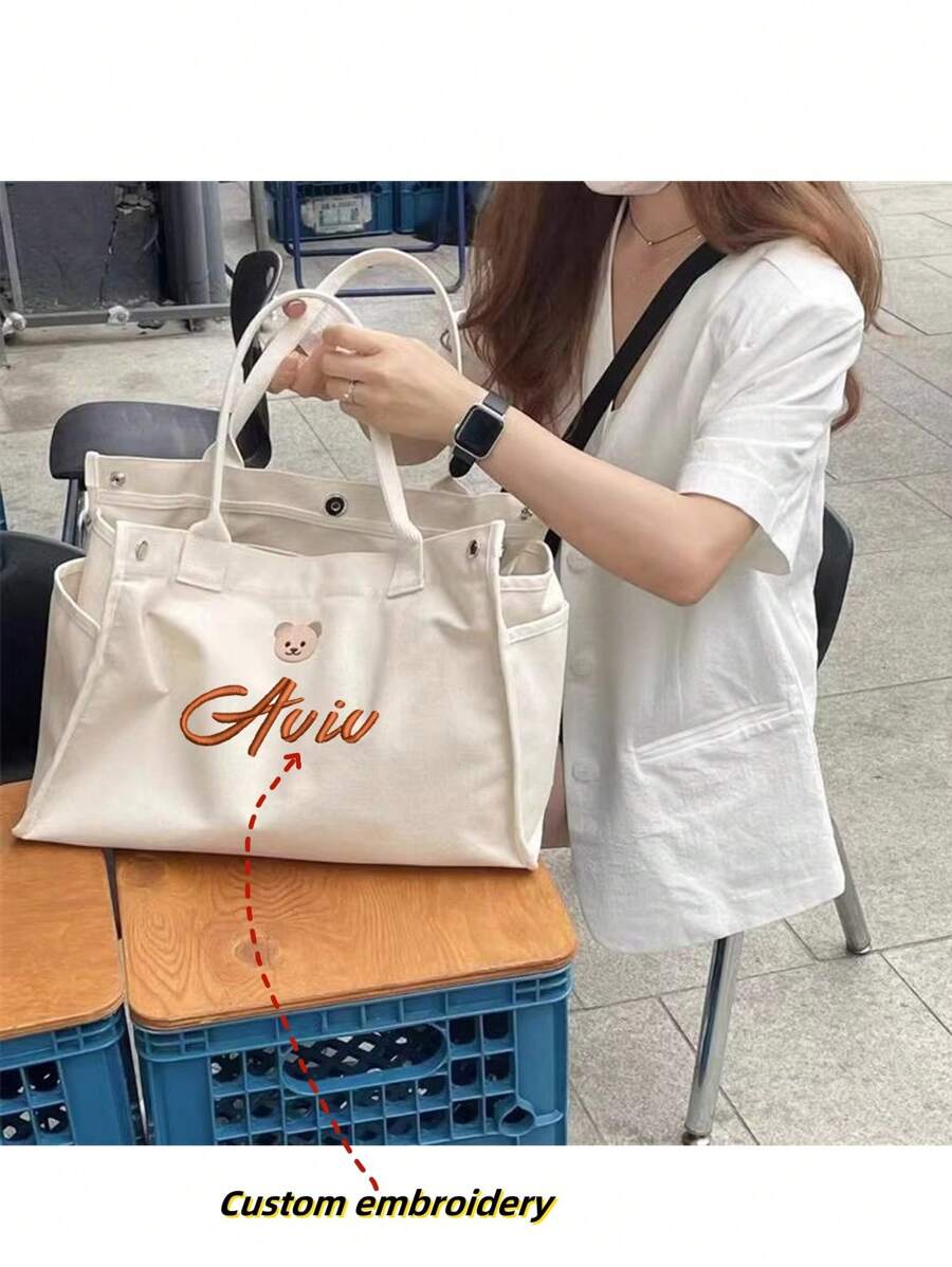 女士大容量帆布手提包，纯色休闲单肩包，刺绣小熊图案，时尚百搭妈妈手提包，轻便手提包 - 米色 - 查看 1