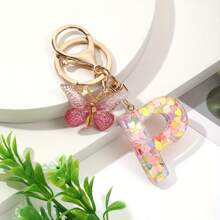 Cute 1 Neutral A-Z Colored Heart-Shaped Glitter KC Gold Keychain, DIY Resin Capital Letter Wallet Keychain, Handbag Decoration, Christmas Gift Valentines - 玫紅色蝴蝶 - 查看 13